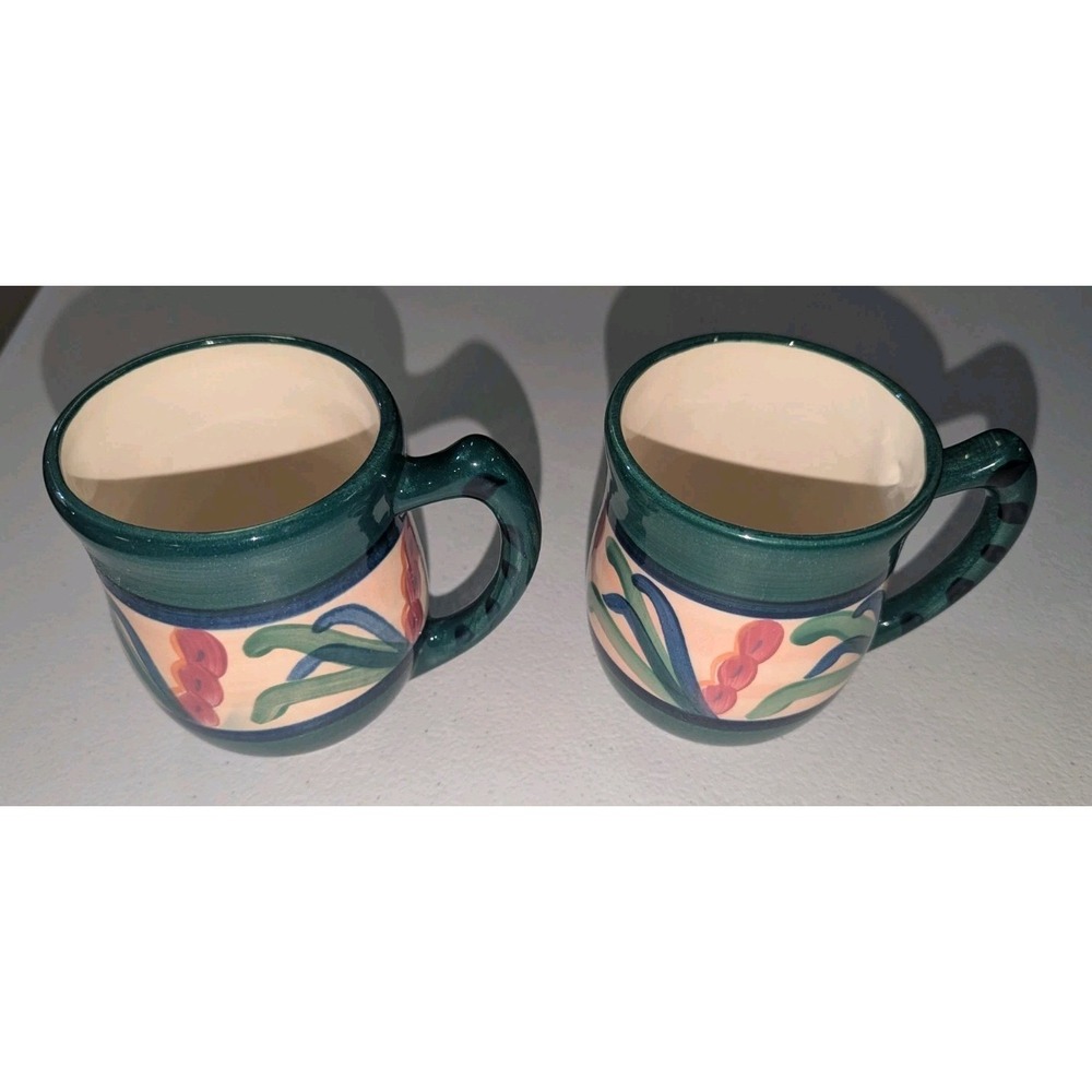 vintage 2 Gail Pittman pottery "Juniper"  coffee mugs dark green